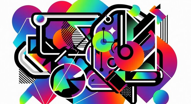 Modern abstract illustration with a dynamic composition of geometric elements, neon gradients, and a retro 80s aesthetic