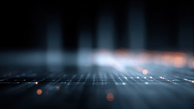 Futuristic technology background with glowing digital grid, data analytics, AI, and blockchain visualization, 3D render