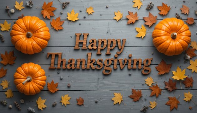 Autumnal festive arrangement of pumpkins and colorful leaves surrounding thanksgiving greeting on