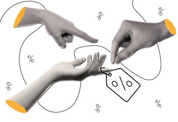Halftone hand holding price tags with sale percentage discounts, retail marketing campaign,hands pointing price tags,trendy collage design