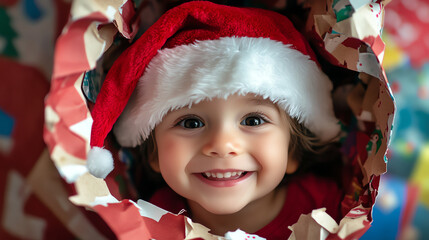 Cute little child wearing red Santa hat smiling and peeking out from torn wrapping paper, bright studio lighting, colorful gift wrap background, Nikon D850, high detail