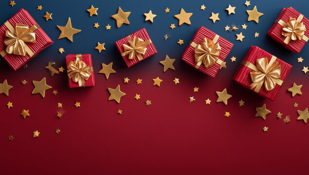 dark blue and red background with gift boxes and golden stars, for christmas or birthday party banner, poster, post and for greeting card design. - Powered by Adobe