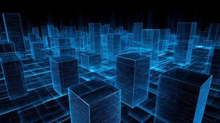 3D digital city grid abstract pattern, glowing blue lines forming geometric buildings, futuristic perspective, dark background