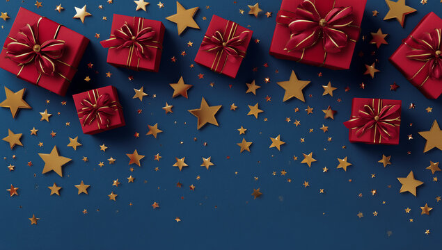 dark blue and red background with gift boxes and golden stars, for christmas or birthday party banner, poster, post and for greeting card design.