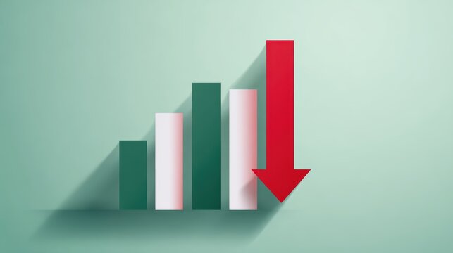Vector illustration of sales bar chart with green upward arrow and red downward arrow, flat design, representing rising and falling trends