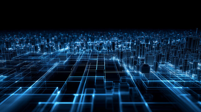 3D digital city grid abstract pattern, glowing blue lines forming geometric buildings, futuristic perspective, dark background