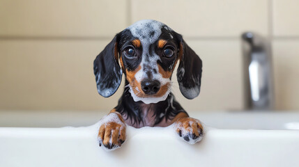 Dachshund puppy leaning over bathtub edge, foam beard on face, bright playful photo