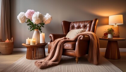 a tranquil inviting home sanctuary featuring a plush leather armchair soft throw flickering candle and fresh flowers perfect for peaceful relaxation