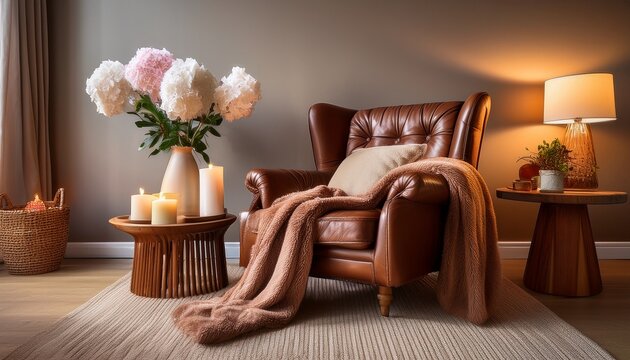 a tranquil inviting home sanctuary featuring a plush leather armchair soft throw flickering candle and fresh flowers perfect for peaceful relaxation