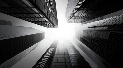 Worm's eye view of skyscrapers in black and white reaching into a bright sky with a foggy haze