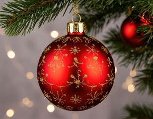 A red and gold ball hangs on the Christmas tree. New Year's card. Bokeh lights