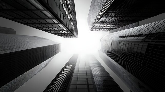 Worm's eye view of skyscrapers in black and white reaching into a bright sky with a foggy haze