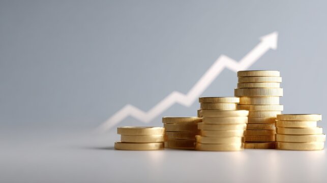 Business finance illustration with currency, gold coins, and 3D success graph indicating increase and strategy