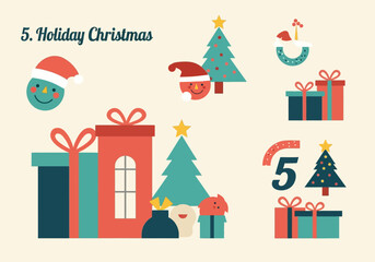 Colorful Christmas Holiday Icons and Gift Boxes Illustration.