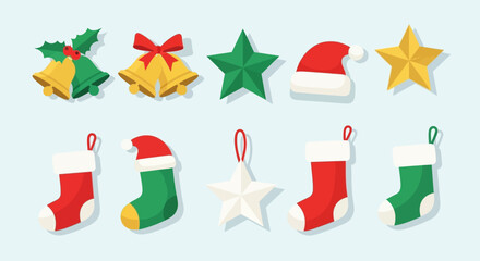Festive Christmas Icons: Bells Stars Hats and Stockings in Red Green and Gold.