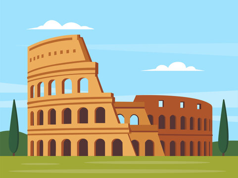 Roman colosseum in flat style scene background. Vector stock