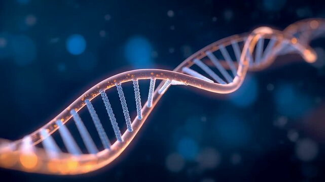 Glowing DNA Double Helix Strand with Blue Bokeh Background for Science and Genetics Presentations