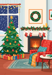 Cozy Christmas Living Room with Decorated Tree and Fireplace.