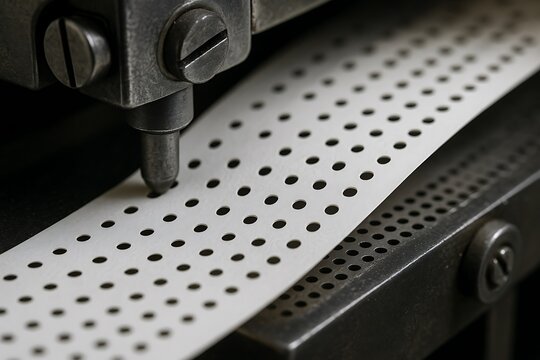 Vintage Punch Tape Machine with Perforated Paper Close-up