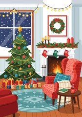 Cozy Christmas Living Room with Decorated Tree and Fireplace.