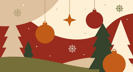 Festive Holiday Scene with Christmas Trees Ornaments and Snowflakes Illustration.