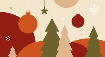 Festive Holiday Scene with Geometric Trees Ornaments and Snowflakes.