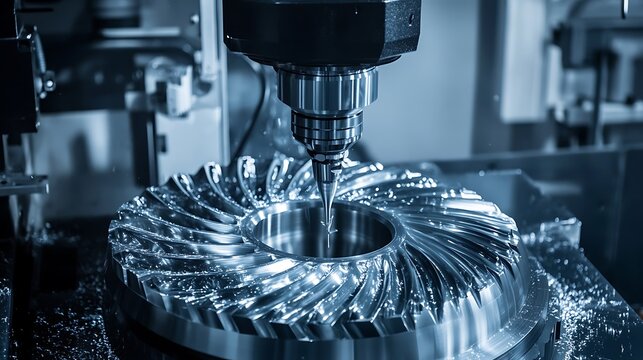 Close up of a cnc machine milling a metal part with intricate details in a manufacturing setting