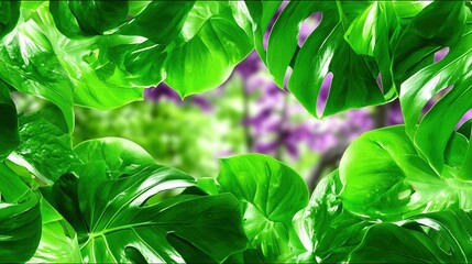 Vibrant tropical leaves frame a luminous background, creating a striking visual effect. The lush green foliage. Energetic, exotic vibe, perfect for designs focusing on nature, summer, relaxation