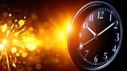 A close-up of a vintage clock displaying five minutes to midnight, radiating festive vibes with golden bokeh lights in the background. Ideal for New Year themes and time-related concepts.