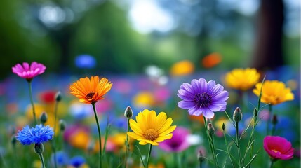 Fototapeta premium A vivid summer field filled with wildflowers in a range of colors including orange, pink, blue, and purple. The soft focus creates a dreamy atmosphere, perfect for nature lovers.
