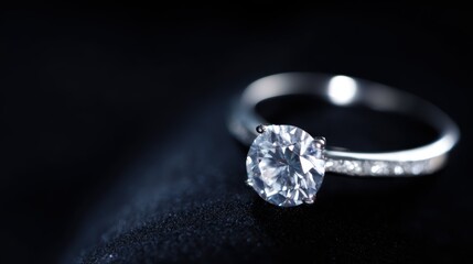 Close-up of diamond ring on black background, luxury jewelry showcase