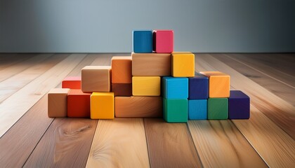 colorful wooden blocks arranged on light wood floor against a neutral background