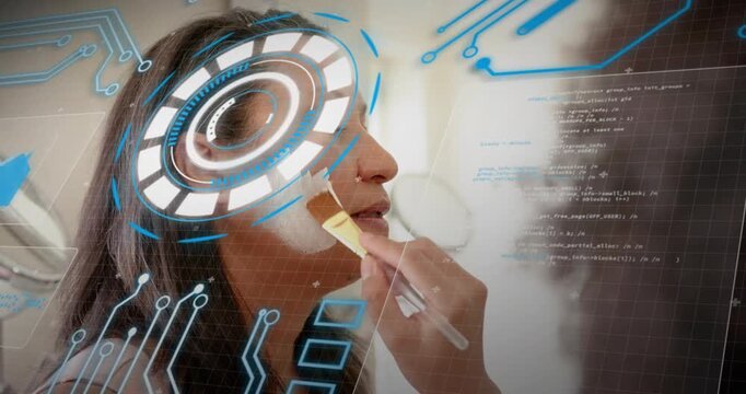 Mature woman receiving facial, brush dabbing then spreading white mask while HUD code intensifying