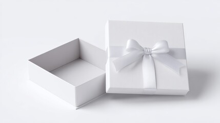 White 3D folding gift box mockup, opened lid and closed version, isolated on white