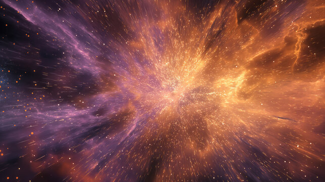 Abstract cosmic explosion of radiant energy, glowing nebula in space, vibrant purple and orange hues, light particles, detailed cosmic texture - Powered by Adobe
