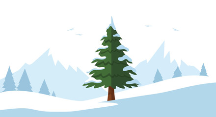Obraz premium Winter landscape illustration with pine tree, mountains and flying birds