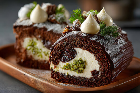 Traditional Christmas Buche de Noel cake