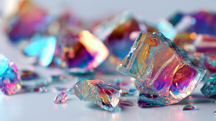 Fototapeta premium Broken glass shatter texture, detailed macro shot, transparent fragments reflecting colorful light, clean white background.
