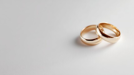 Pair of gold rings on clean white backdrop, symbolizing marriage bond and everlasting love