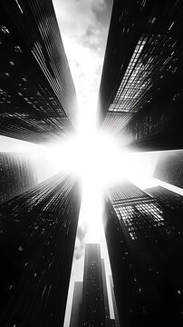 Worm's eye view of towering skyscrapers reaching towards a bright sky in monochrome aesthetic