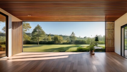 modern minimalist architecture serene interior with rich wood ceiling and expansive outdoor garden view bright contemporary home design