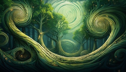 enigmatic forest spiraling designs adorn the verdant trees in a mystical woodscape