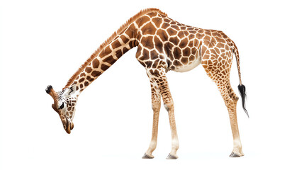 Naklejka premium Giraffe bending neck playfully, white background