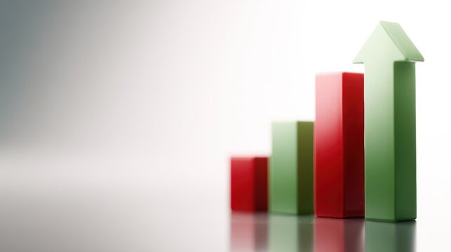 Green and red arrows on bar chart, vector icon showing increase and decrease in sales or performance