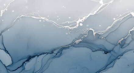 Abstract blue and white fluid art painting with streaks and splatters.