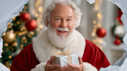 Santa Claus holding wrapped present, smiling warmly. Cozy indoor atmosphere adorned with sparkling lights and Christmas tree. Concept of holiday celebrations, festive marketing, retail promotions