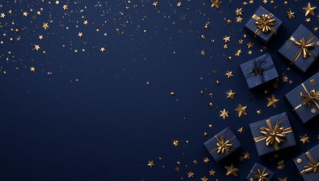 dark blue background with gift boxes and golden stars, for christmas or birthday party banner, poster, post and for greeting card design. - Powered by Adobe