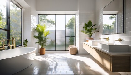 soft light filters through a window casting gentle shadows on pristine white tiles in a spacious minimalist bathroom creating a serene atmosphere perfect for relaxation