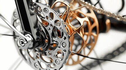 Close up of a silver and gold bicycle hub with chain and metal components in sharp focus detail