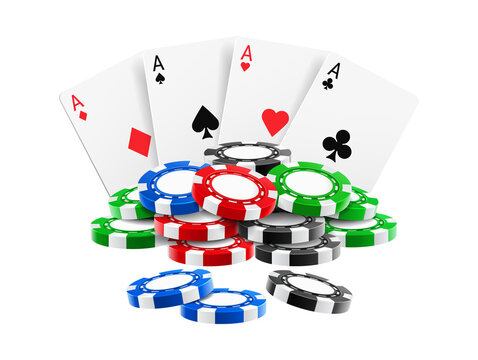 Colorful poker chips and playing cards stack isolated casino illustration